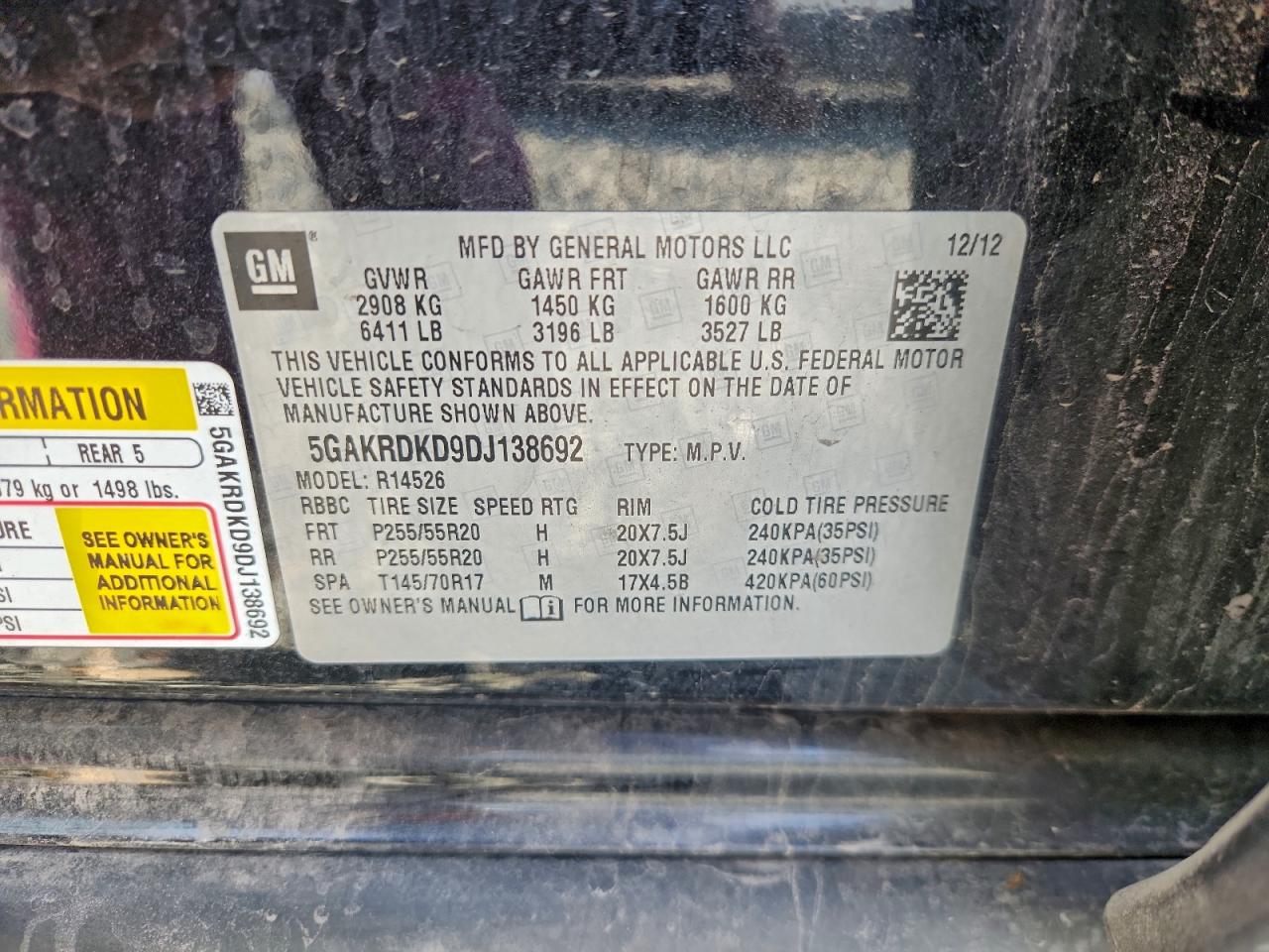 2013 Buick Enclave VIN: 5GAKRDKD9DJ138692 Lot: 92469255