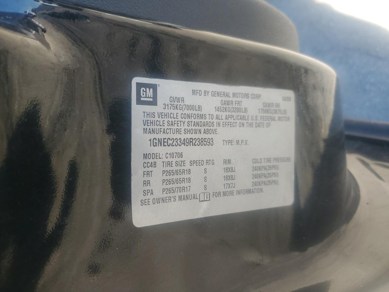 2009 Chevrolet Tahoe C1500 Lt VIN: 1GNEC23349R238593 Lot: 90954145