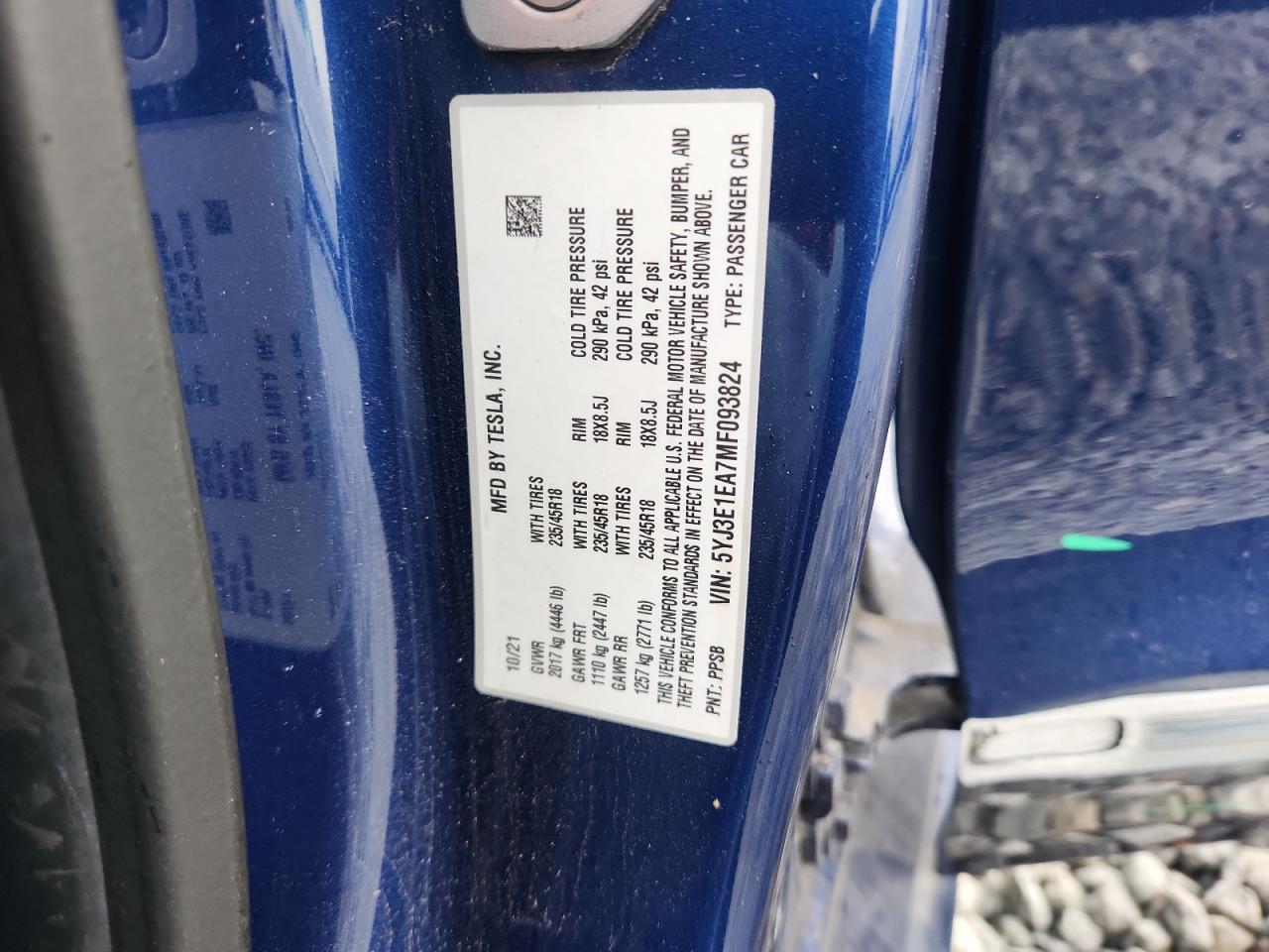 2021 Tesla Model 3 VIN: 5YJ3E1EA7MF093824 Lot: 91839895