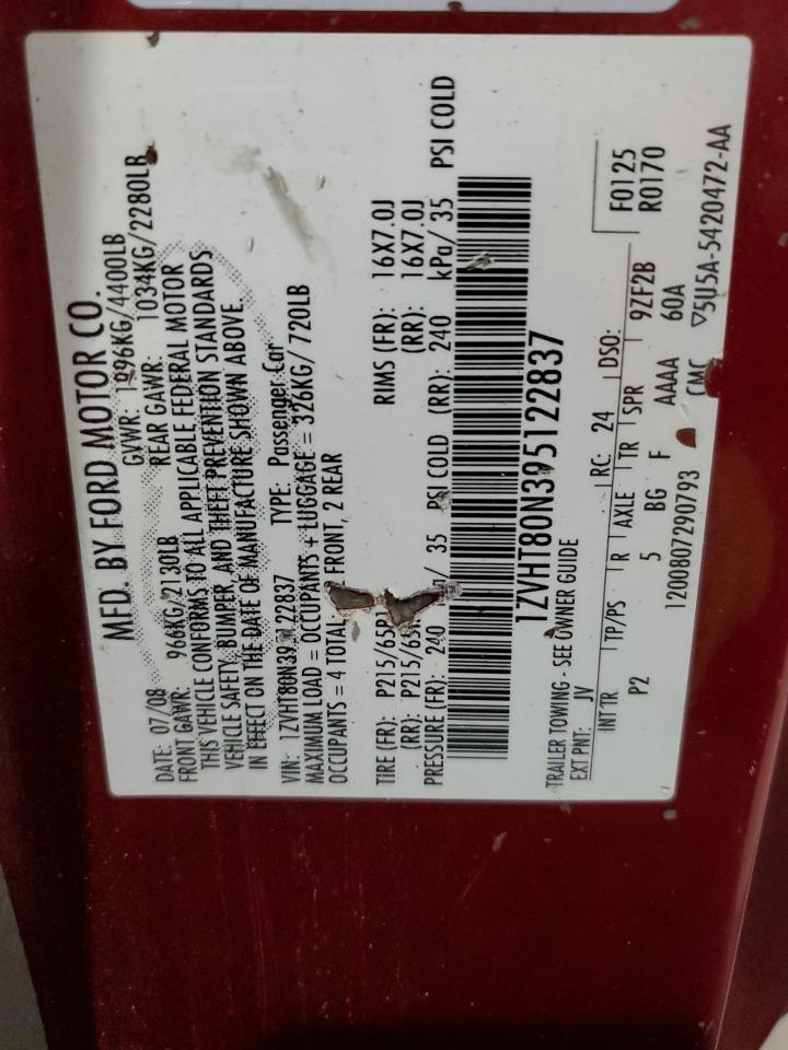 2009 Ford Mustang VIN: 1ZVHT80N395122837 Lot: 92826605