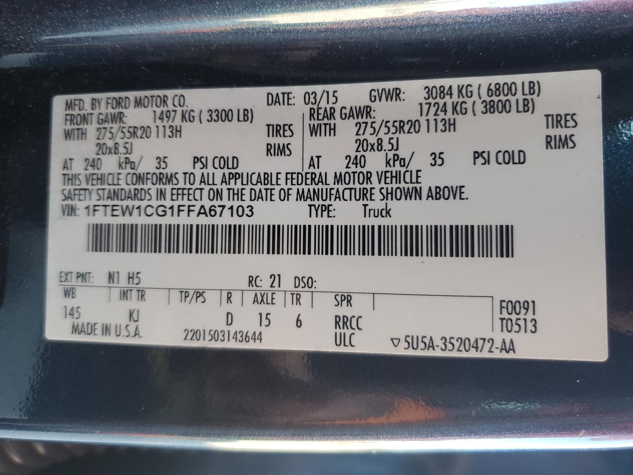 2015 Ford F150 Supercrew VIN: 1FTEW1CG1FFA67103 Lot: 92441085