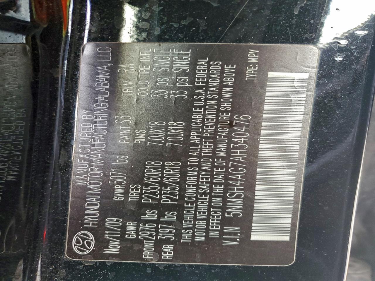 2010 Hyundai Santa Fe Se VIN: 5NMSH4AG7AH340476 Lot: 94495705