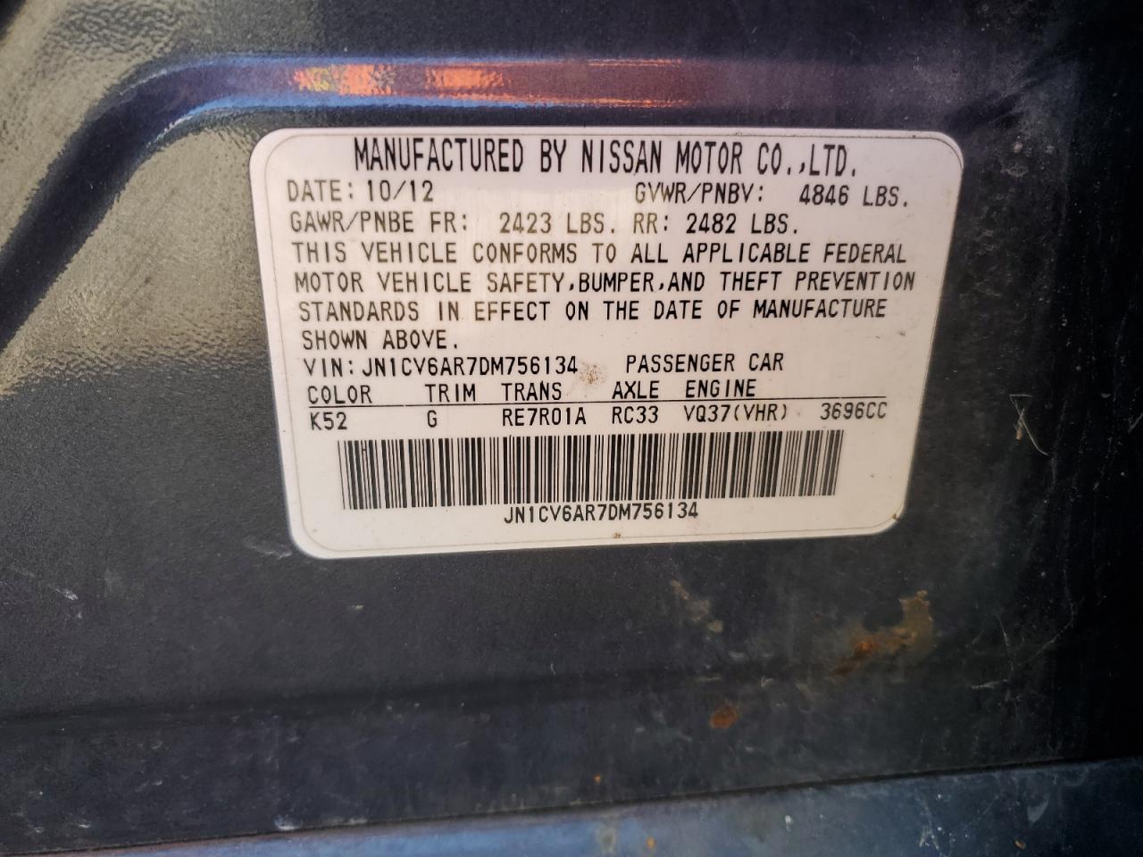 2013 Infiniti G37 VIN: JN1CV6AR7DM756134 Lot: 93696045