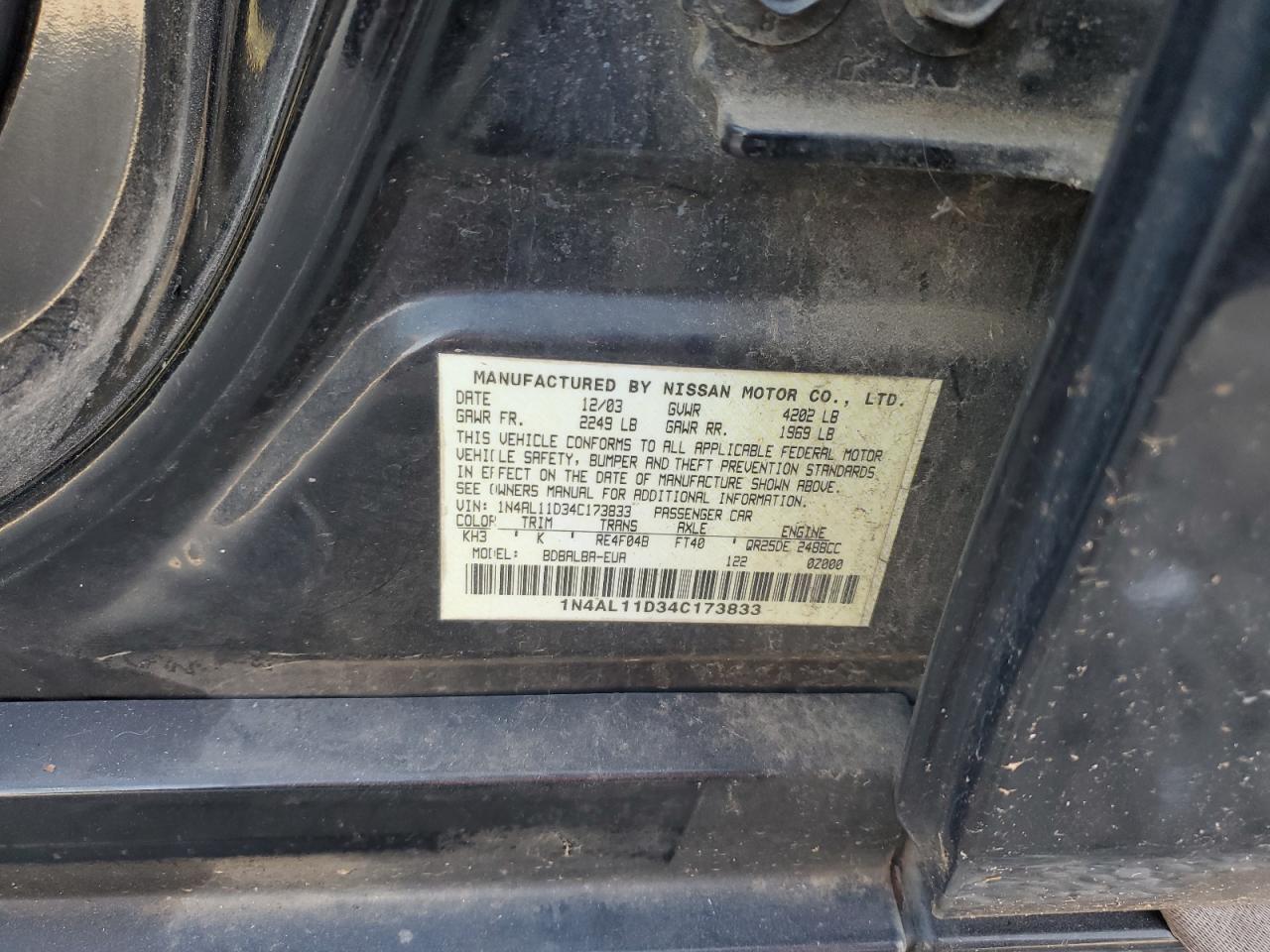 2004 Nissan Altima Base VIN: 1N4AL11D34C173833 Lot: 93408055