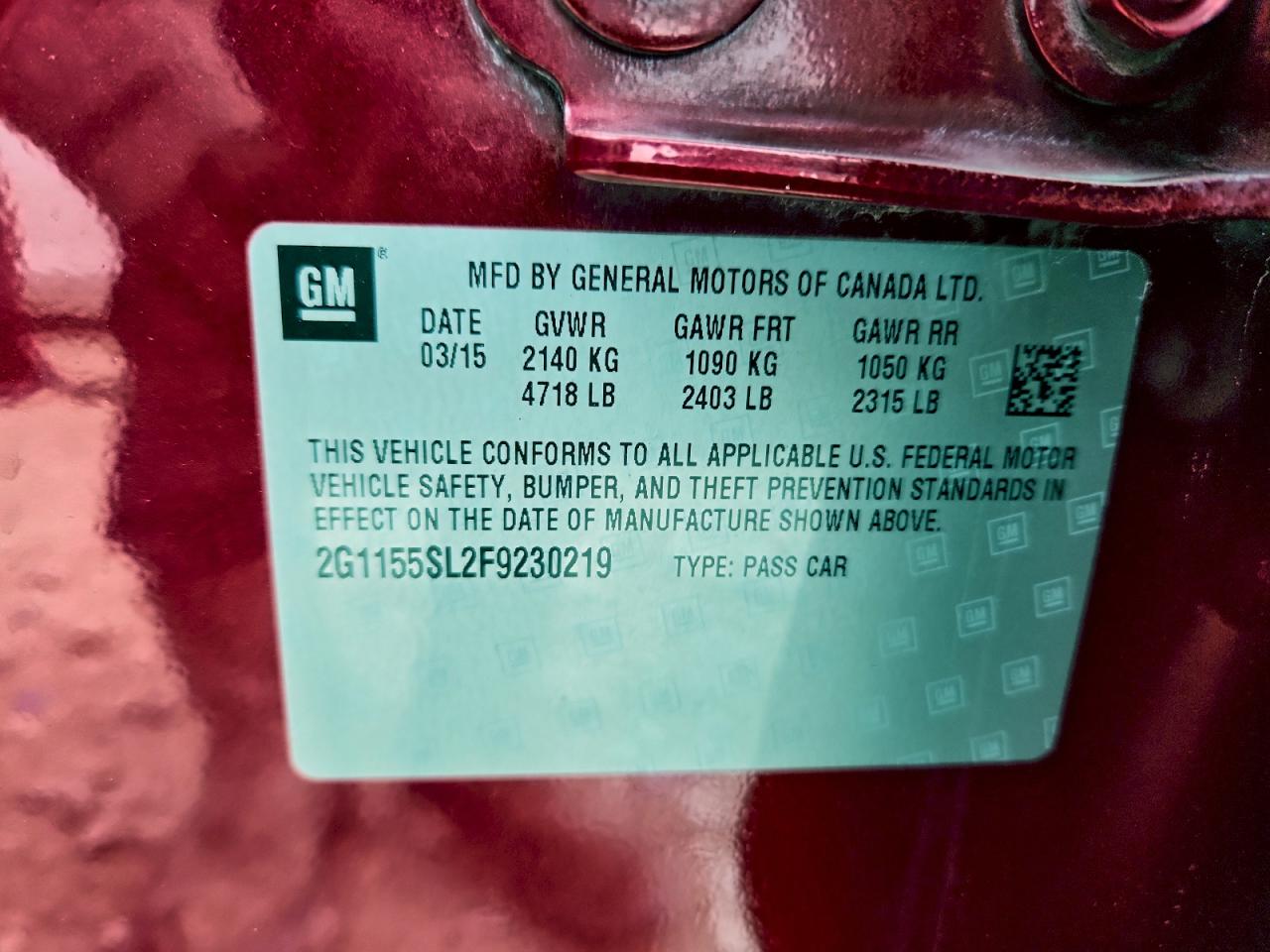 2015 Chevrolet Impala Ltz VIN: 2G1155SL2F9230219 Lot: 93349795