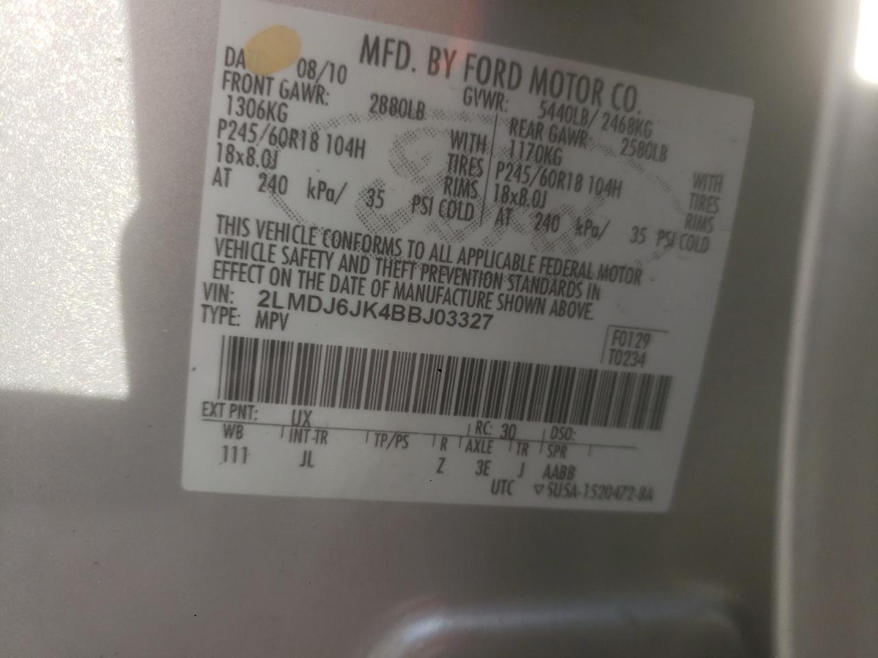 2011 Lincoln Mkx VIN: 2LMDJ6JK4BBJ03327 Lot: 93447995