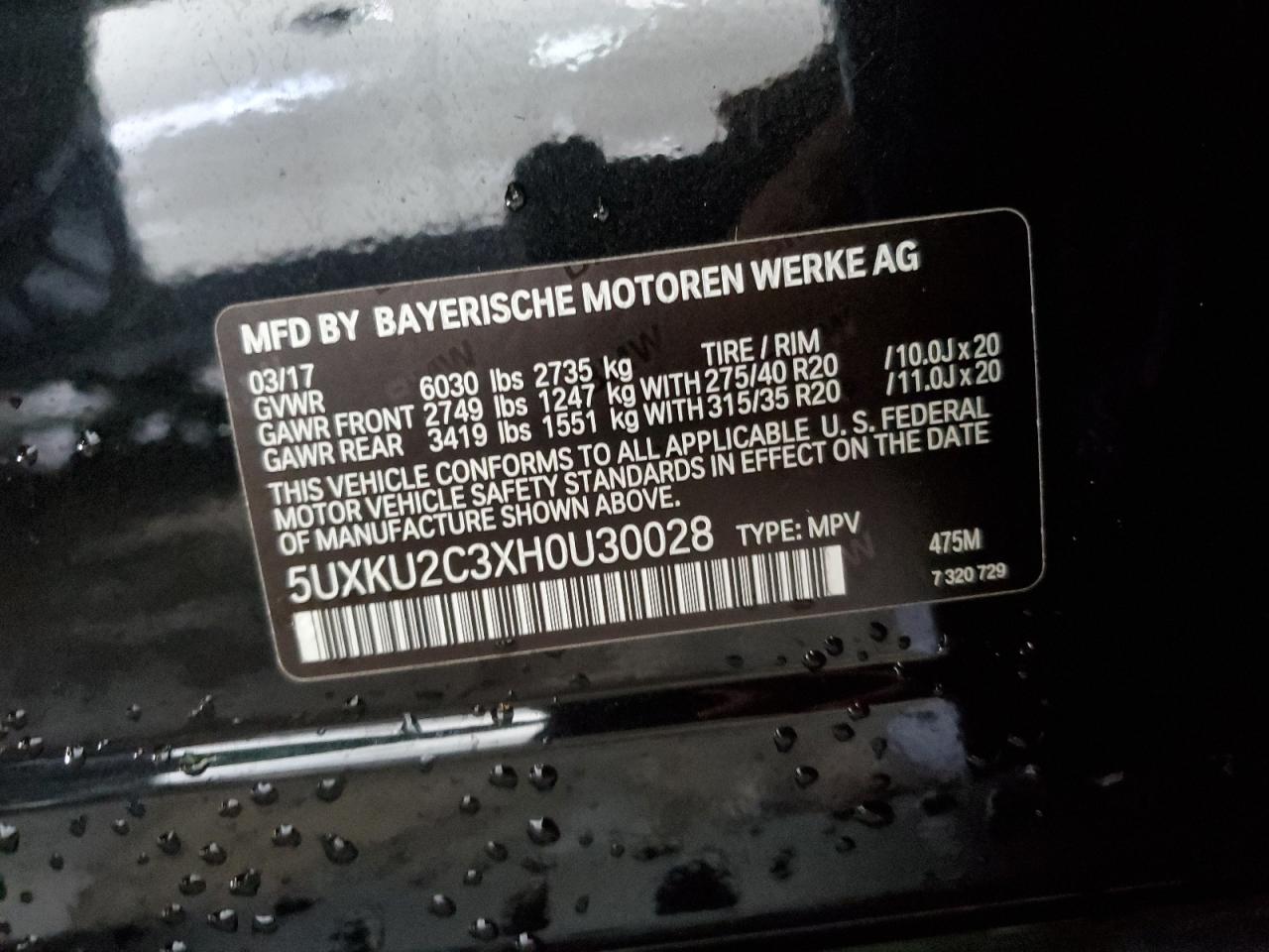 2017 BMW X6 xDrive35I VIN: 5UXKU2C3XH0U30028 Lot: 92928135