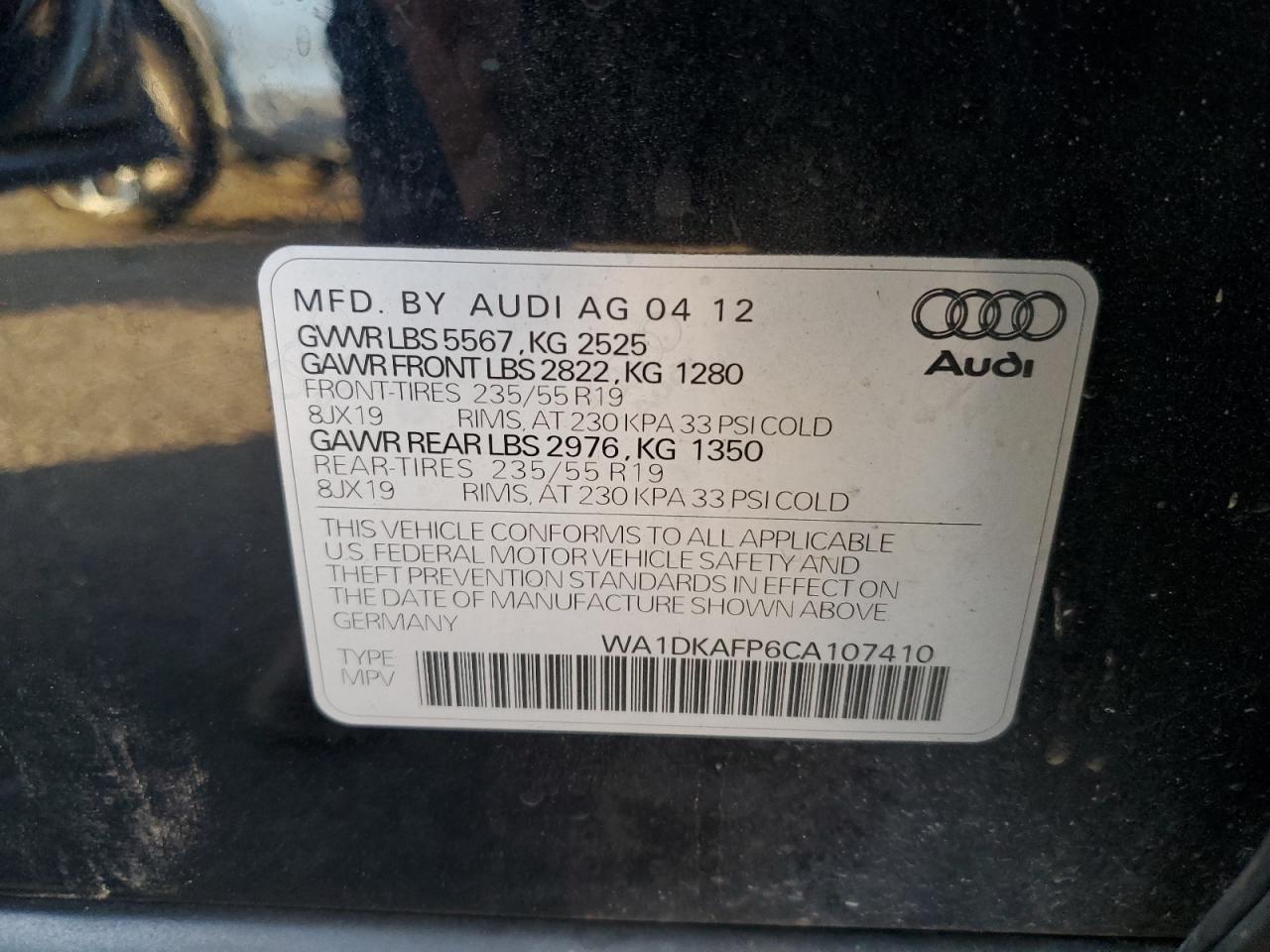 2012 Audi Q5 Premium Plus VIN: WA1DKAFP6CA107410 Lot: 92303125