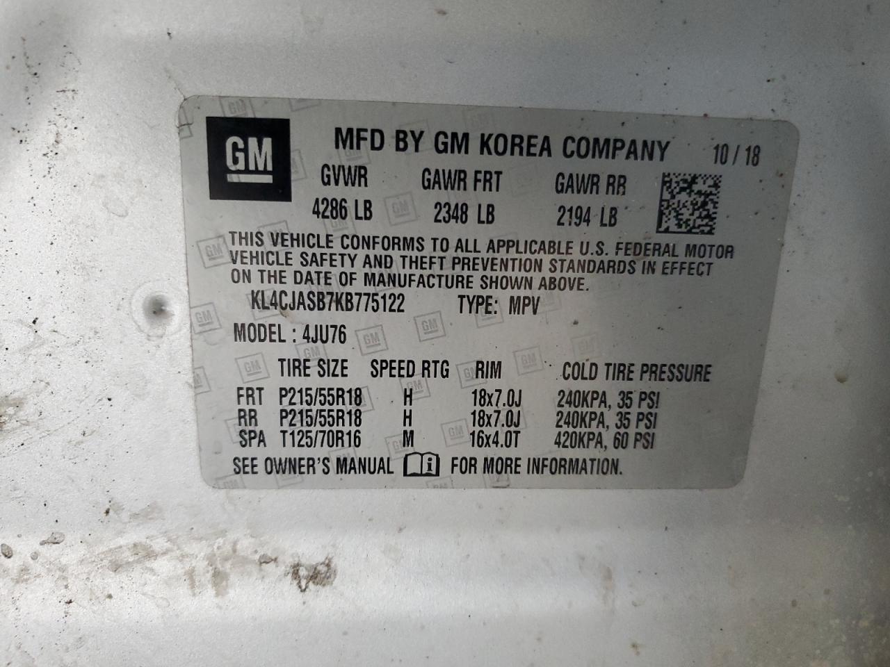 2019 Buick Encore Preferred VIN: KL4CJASB7KB775122 Lot: 91829835