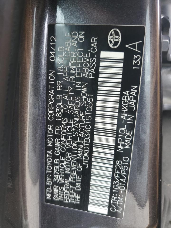 2012 Toyota Prius C VIN: JTDKDTB34C1510551 Lot: 92134665