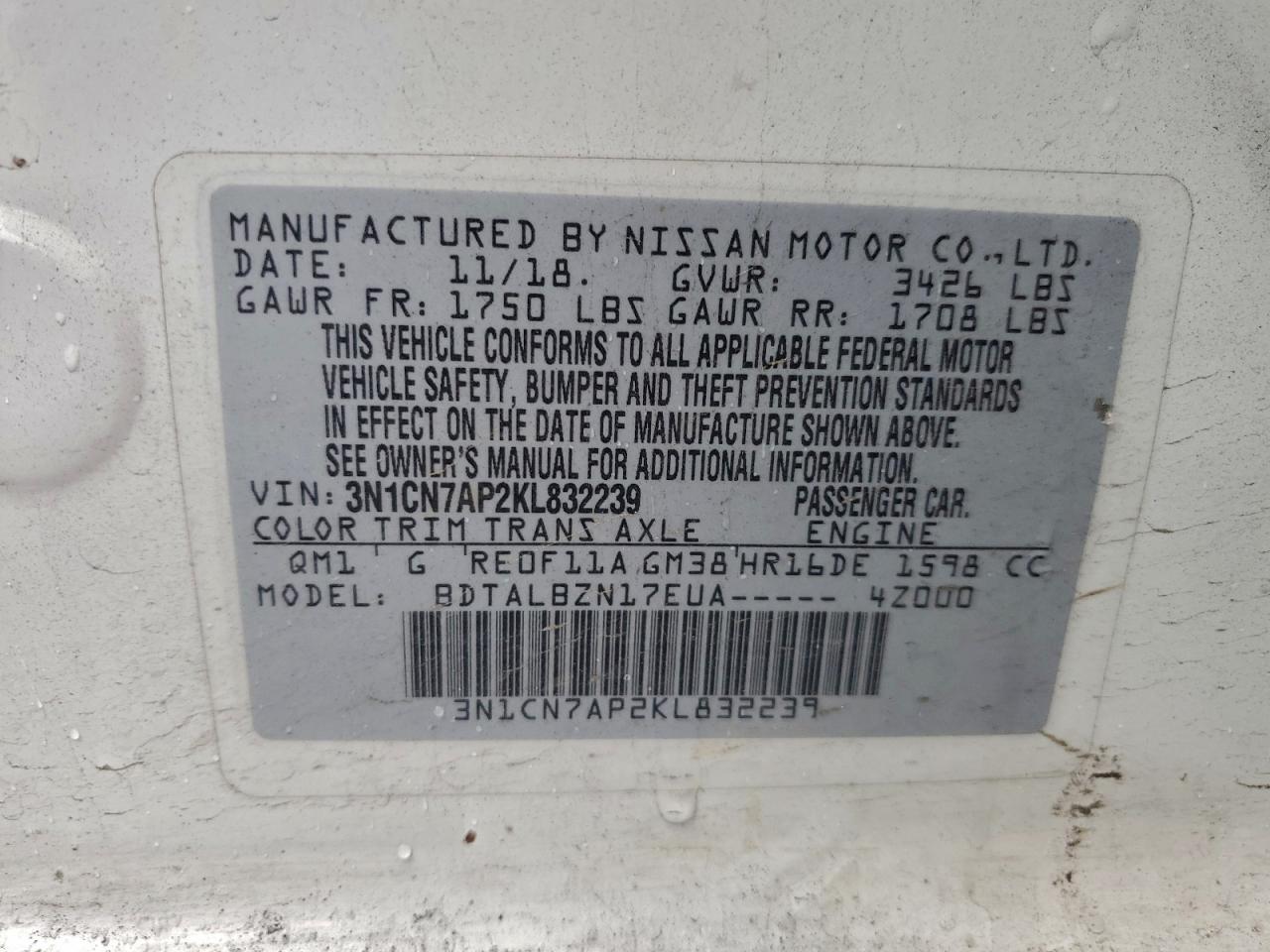 2019 Nissan Versa S VIN: 3N1CN7AP2KL832239 Lot: 94453155