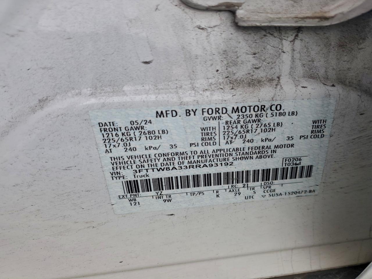 2024 Ford Maverick Xl VIN: 3FTTW8A33RRA93192 Lot: 94173415