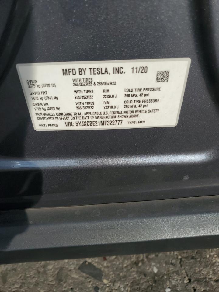 2021 Tesla Model X VIN: 5YJXCBE21MF322777 Lot: 91678525