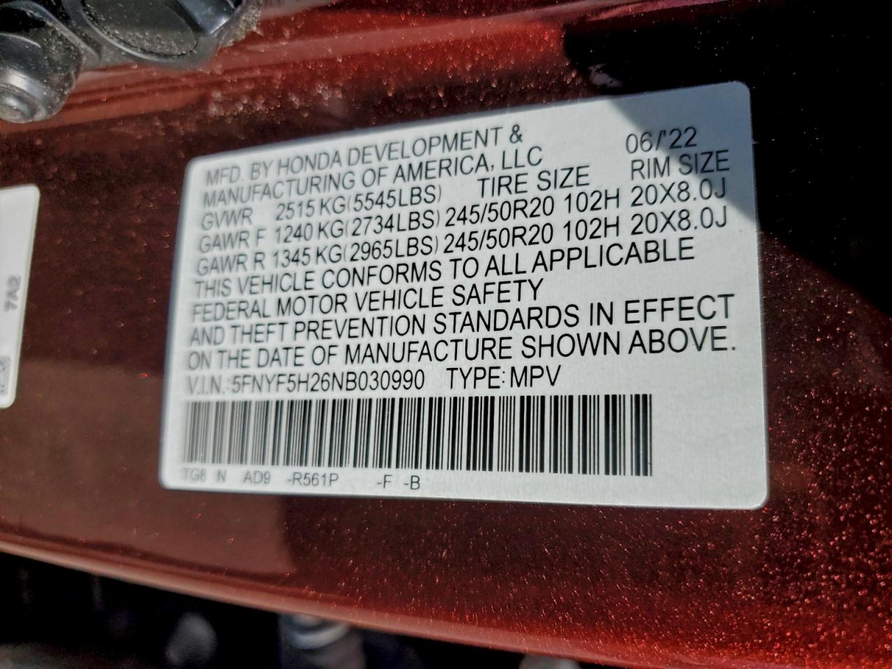 2022 Honda Pilot Se VIN: 5FNYF5H26NB030990 Lot: 94326595