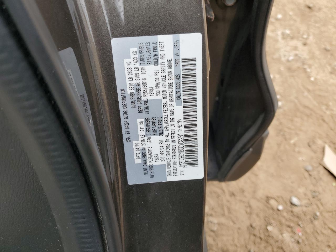 2016 Mazda Cx-9 Touring VIN: JM3TCBCY8G0102231 Lot: 92071845