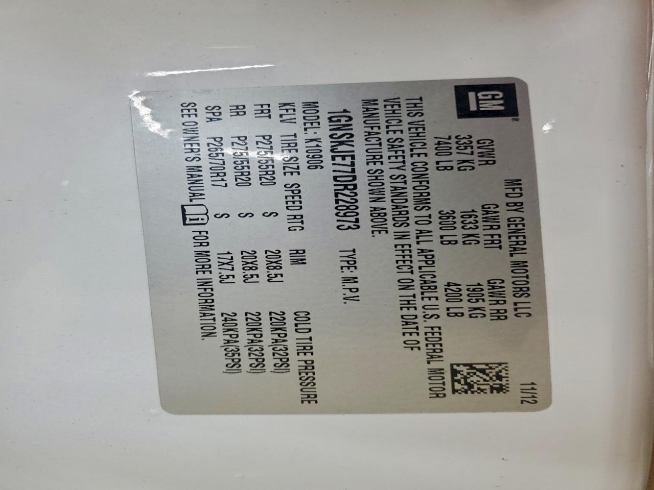 2013 Chevrolet Suburban K1500 Lt VIN: 1GNSKJE77DR228973 Lot: 93832395