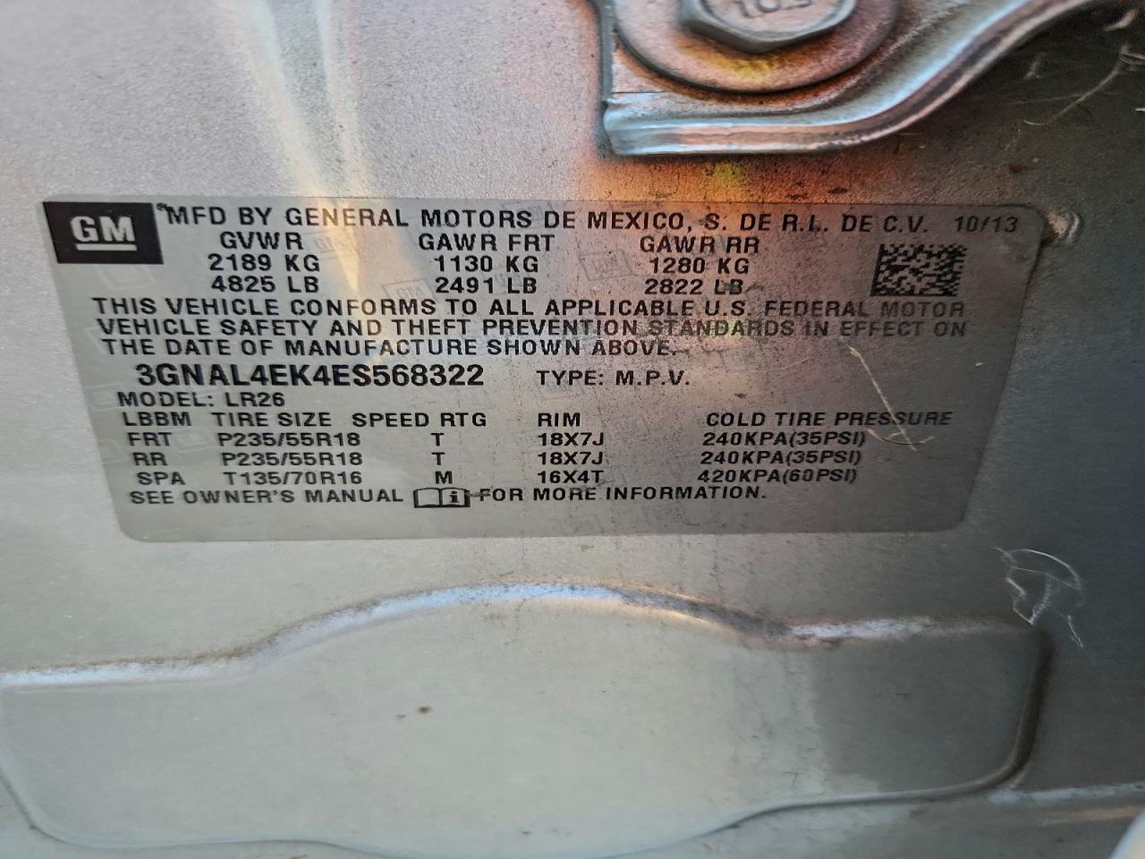 2014 Chevrolet Captiva Ltz VIN: 3GNAL4EK4ES568322 Lot: 94183935