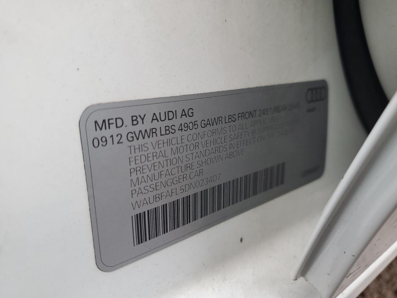 2013 Audi A4 Premium VIN: WAUBFAFL5DN023407 Lot: 92104435