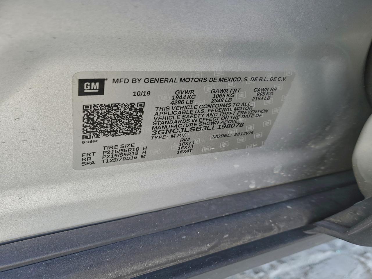 2020 Chevrolet Trax 1Lt VIN: 3GNCJLSB3LL198078 Lot: 93778715