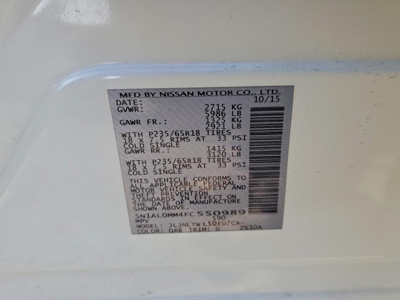 2015 Infiniti Qx60 VIN: 5N1AL0MM4FC550989 Lot: 94030615