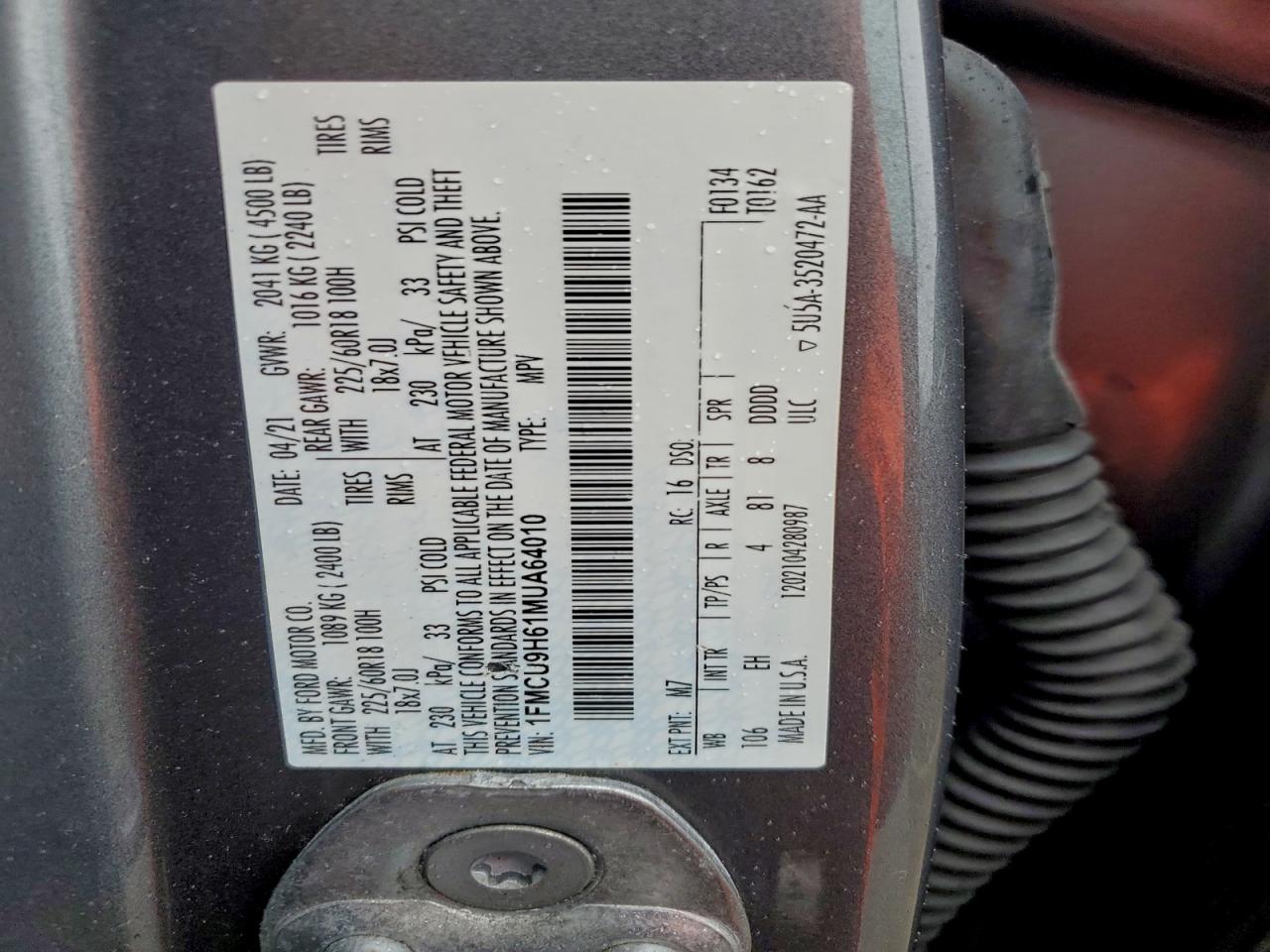 2021 Ford Escape Sel VIN: 1FMCU9H61MUA64010 Lot: 93826965