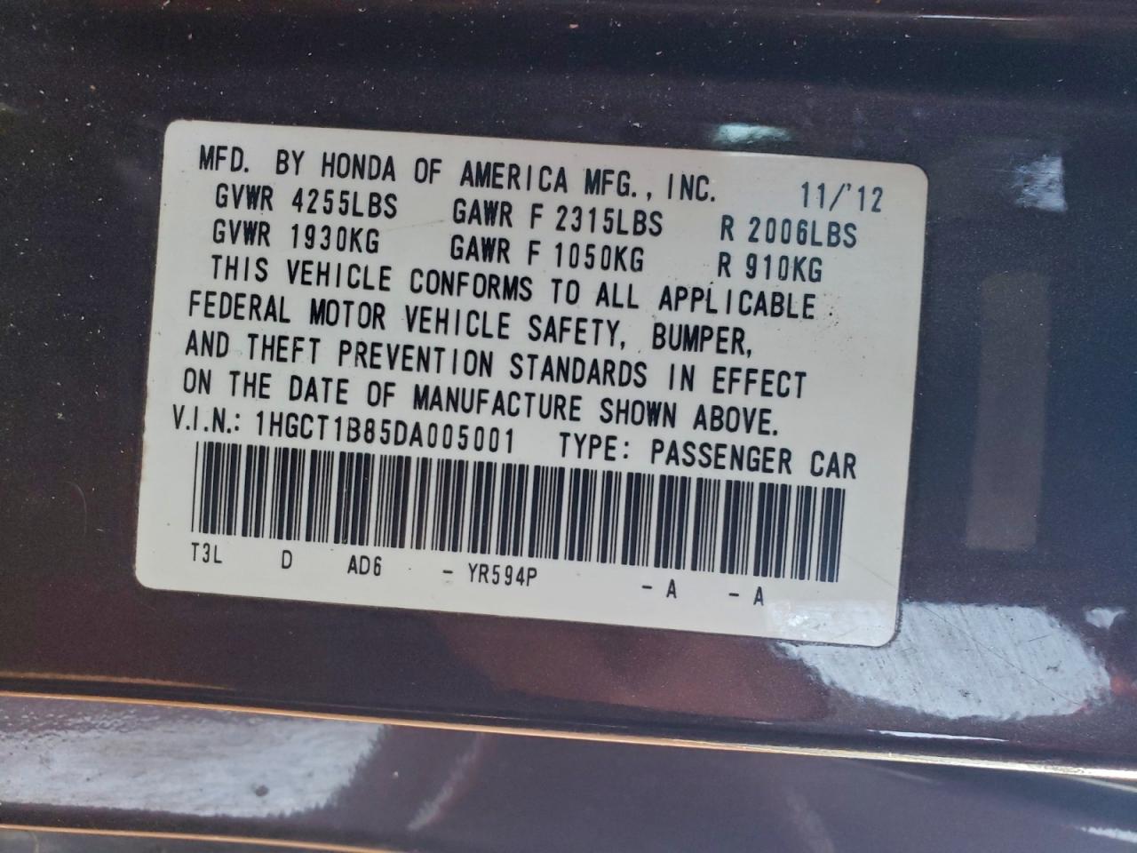 2013 Honda Accord Exl VIN: 1HGCT1B85DA005001 Lot: 93702355