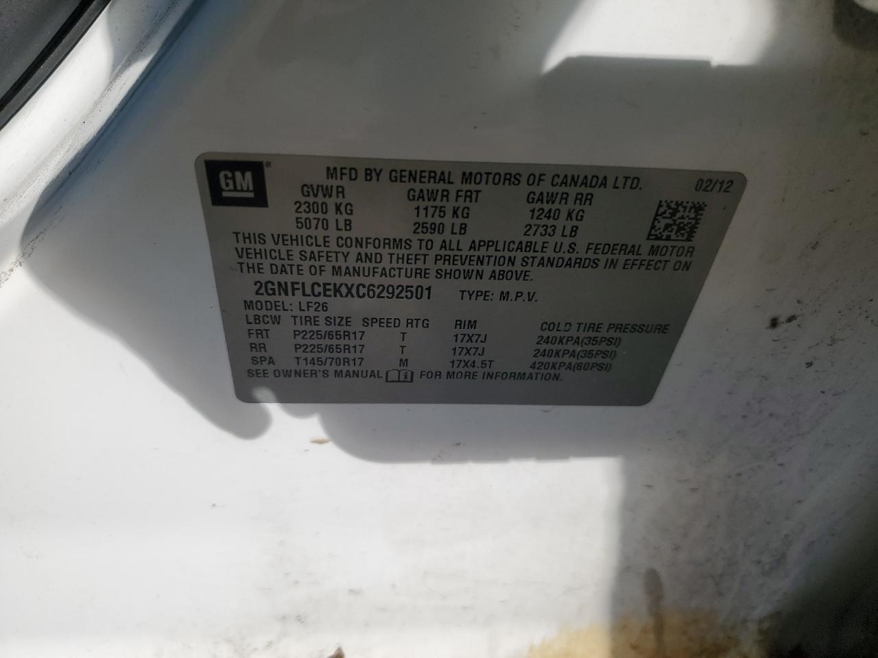 2012 Chevrolet Equinox Ls VIN: 2GNFLCEKXC6292501 Lot: 91883605