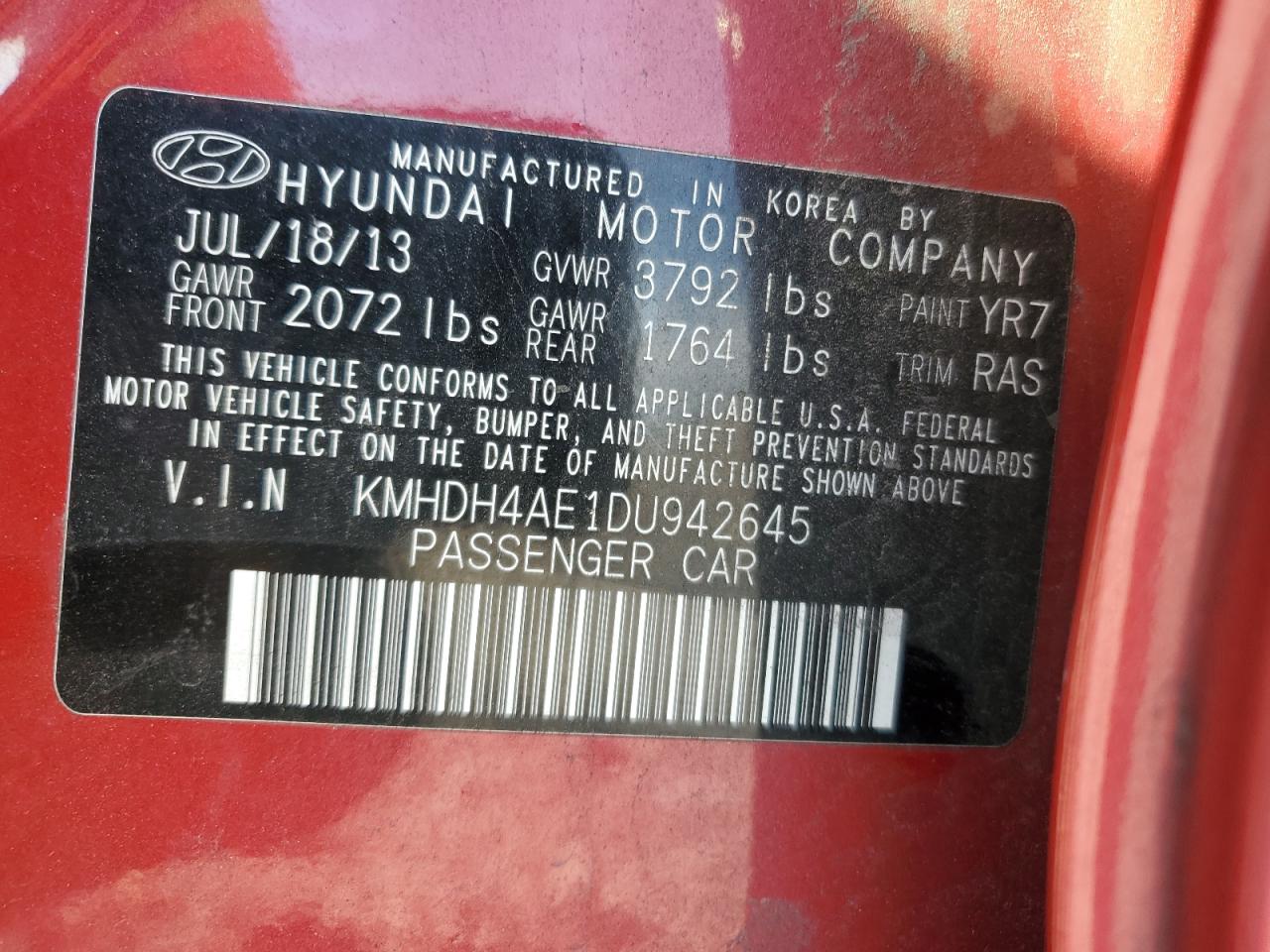 2013 Hyundai Elantra Gls VIN: KMHDH4AE1DU942645 Lot: 90954245