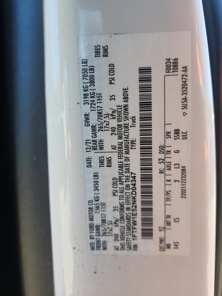 2022 Ford F150 Supercrew VIN: 1FTFW1E52NKD04347 Lot: 92208025