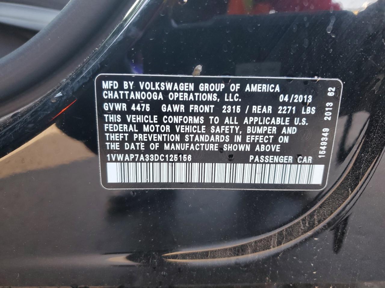 2013 Volkswagen Passat S VIN: 1VWAP7A33DC125156 Lot: 92051045