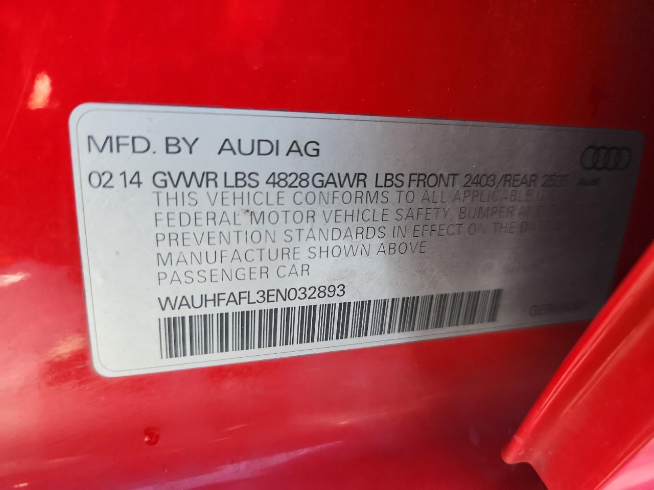 2014 Audi A4 Premium Plus VIN: WAUHFAFL3EN032893 Lot: 91824355