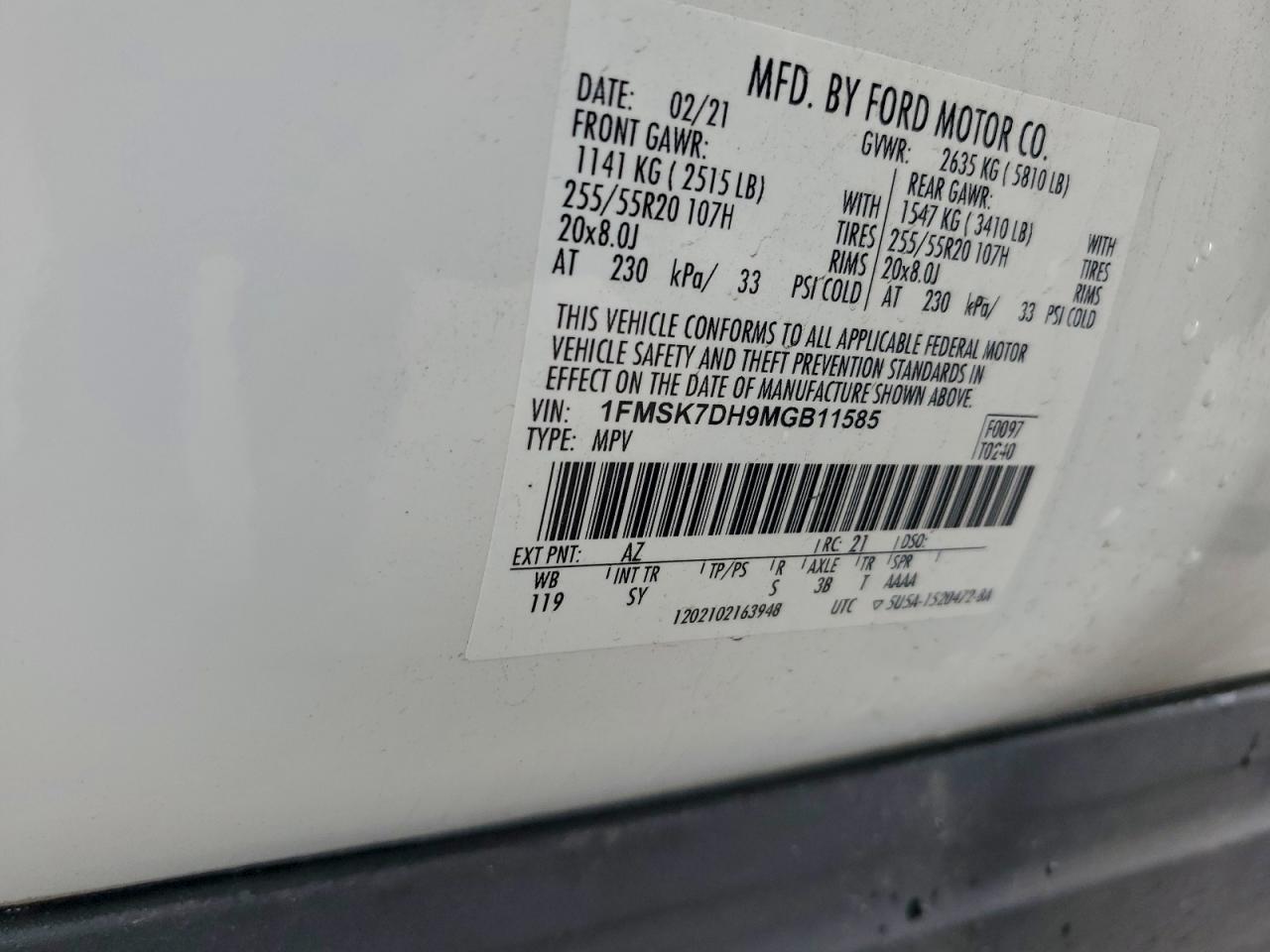 2021 Ford Explorer Xlt VIN: 1FMSK7DH9MGB11585 Lot: 94345025