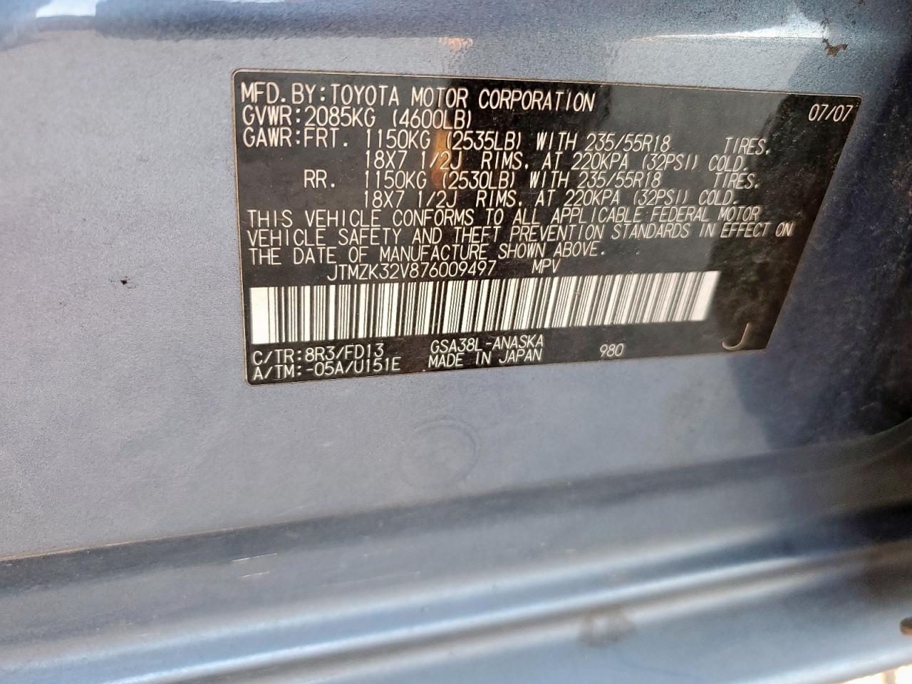 2007 Toyota Rav4 Sport VIN: JTMZK32V876009497 Lot: 92406345