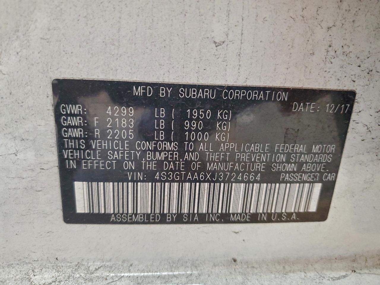 2018 Subaru Impreza VIN: 4S3GTAA6XJ3724664 Lot: 94372795