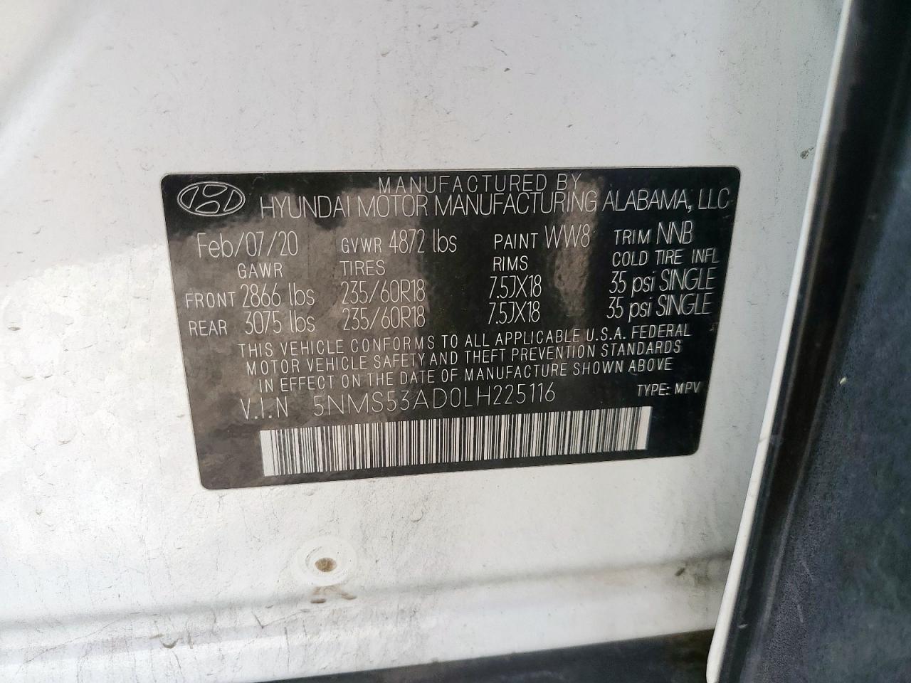 2020 Hyundai Santa Fe Limited VIN: 5NMS53AD0LH225116 Lot: 93098465