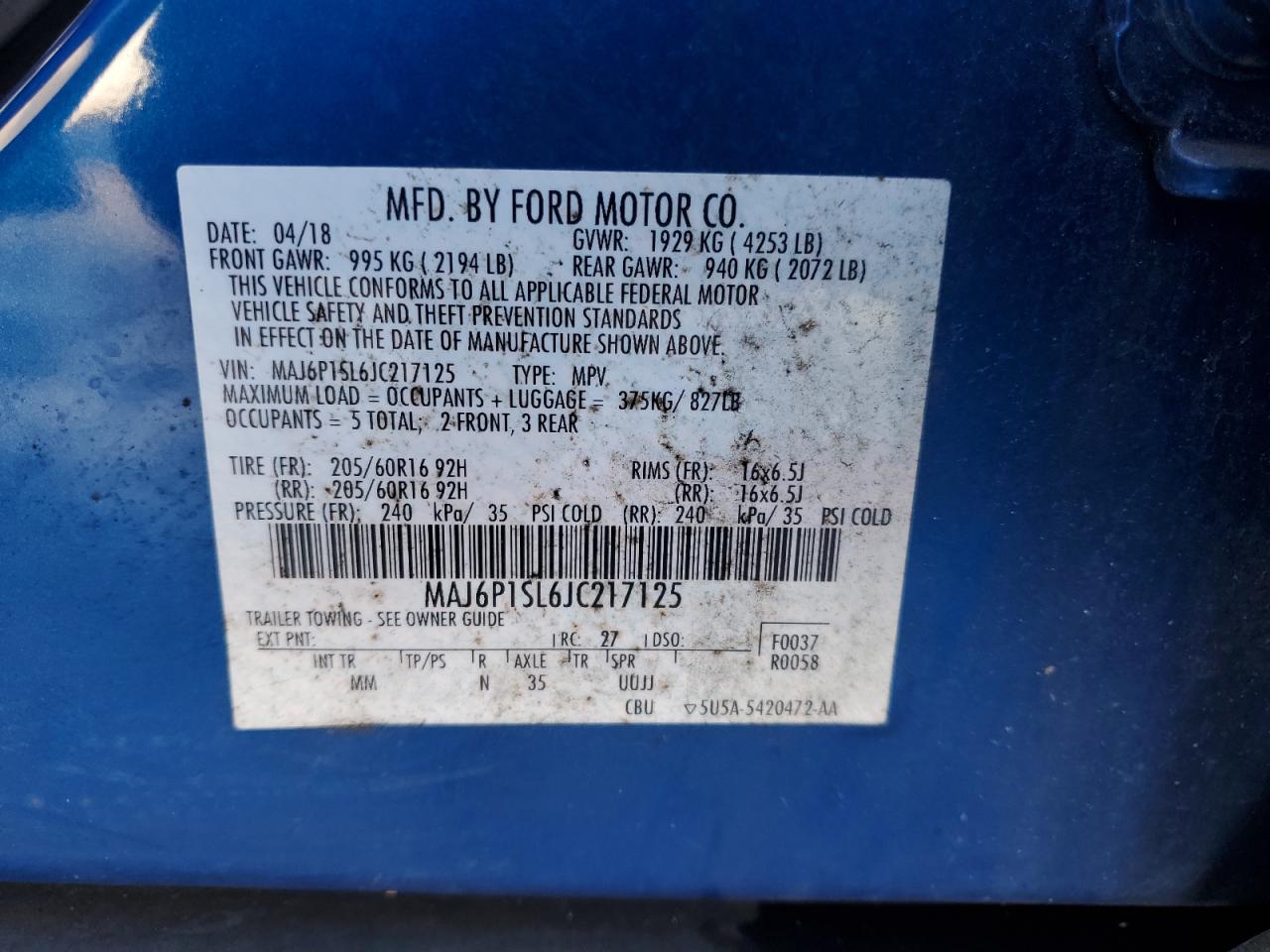 2018 Ford Ecosport S VIN: MAJ6P1SL6JC217125 Lot: 93379035