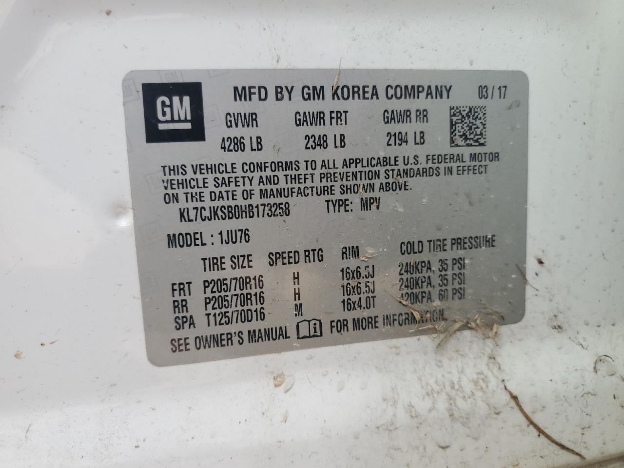 2017 Chevrolet Trax Ls VIN: KL7CJKSB0HB173258 Lot: 92630905