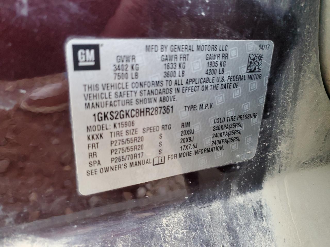 2017 GMC Yukon Xl K1500 Slt VIN: 1GKS2GKC8HR287361 Lot: 91420515