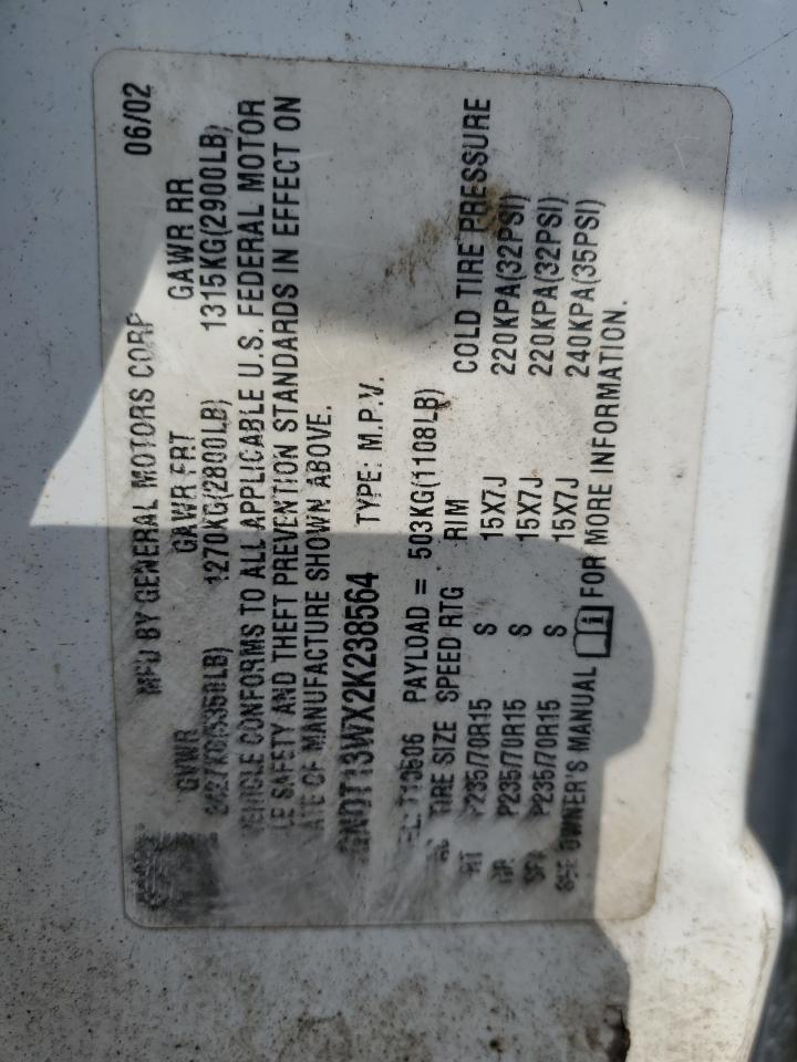 2002 Chevrolet Blazer VIN: 1GNDT13WX2K238564 Lot: 92500365