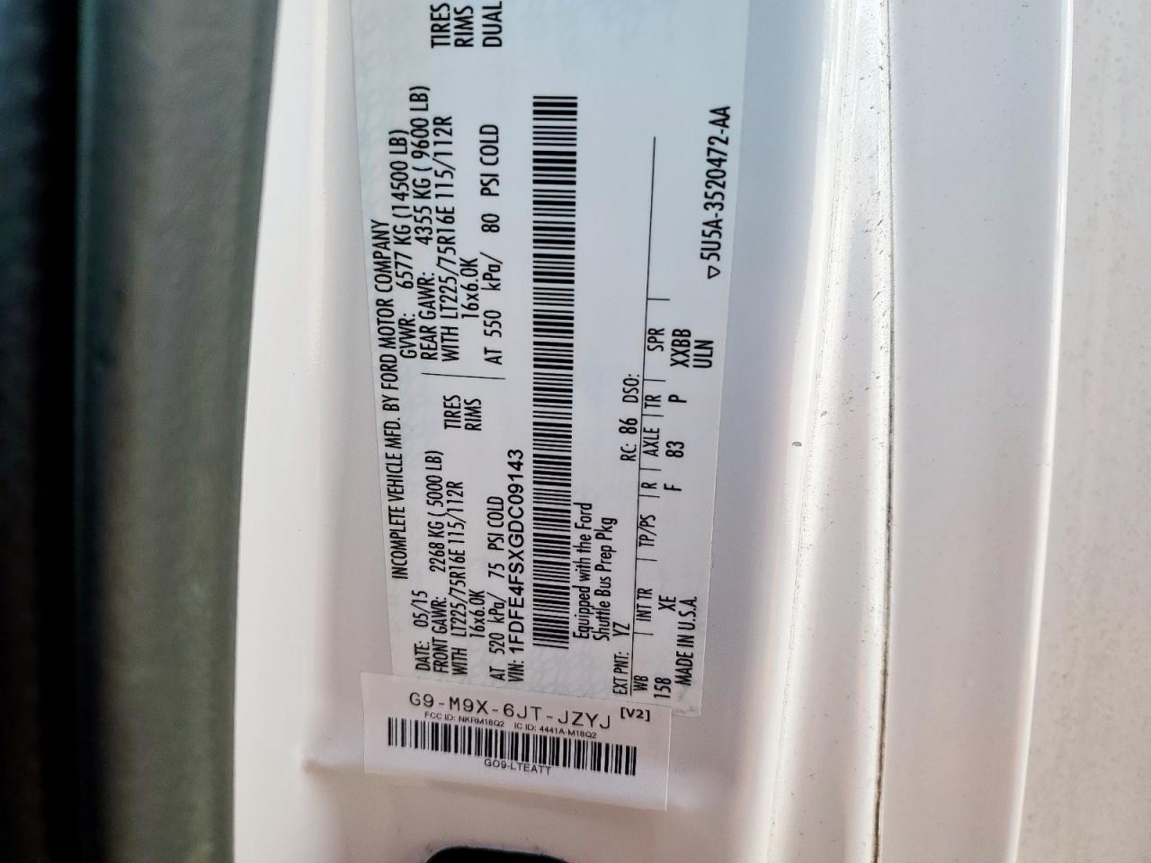 2016 Ford Econoline E450 Super Duty Cutaway Van VIN: 1FDFE4FSXGDC09143 Lot: 85430075