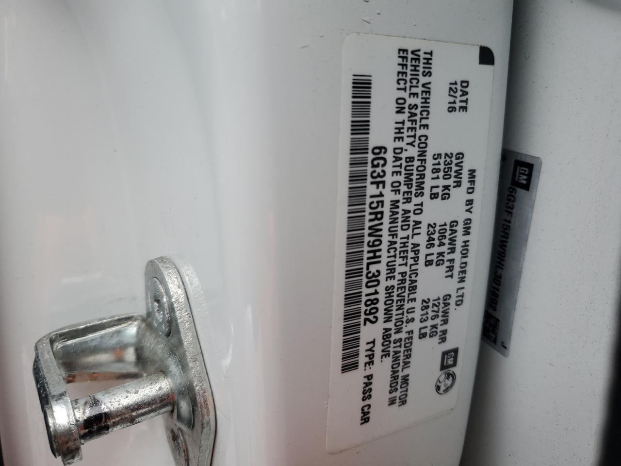 2017 Chevrolet Ss VIN: 6G3F15RW9HL301892 Lot: 92448355