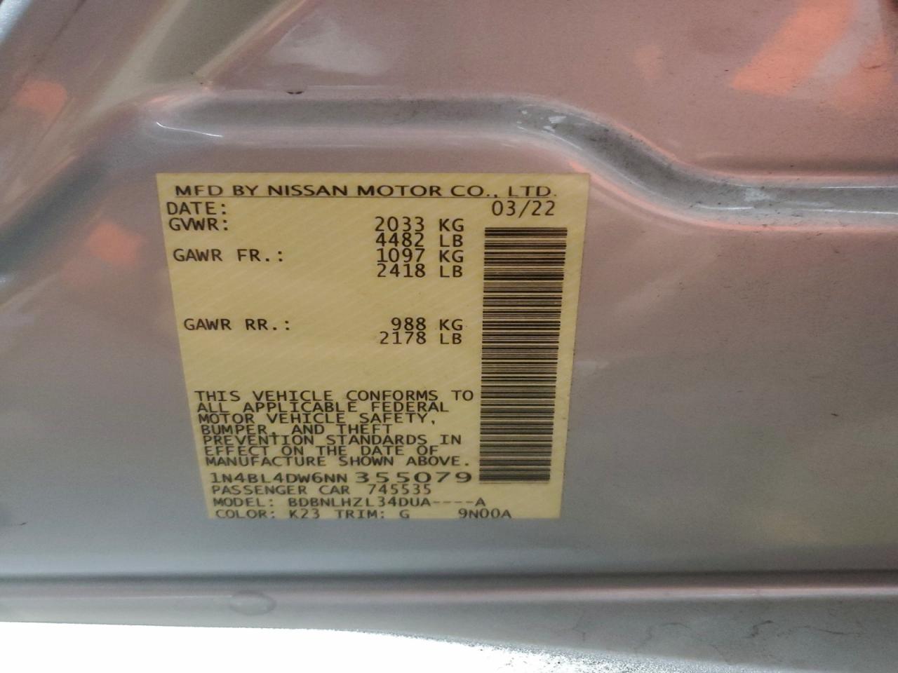 2022 Nissan Altima Sv VIN: 1N4BL4DW6NN355079 Lot: 93292345