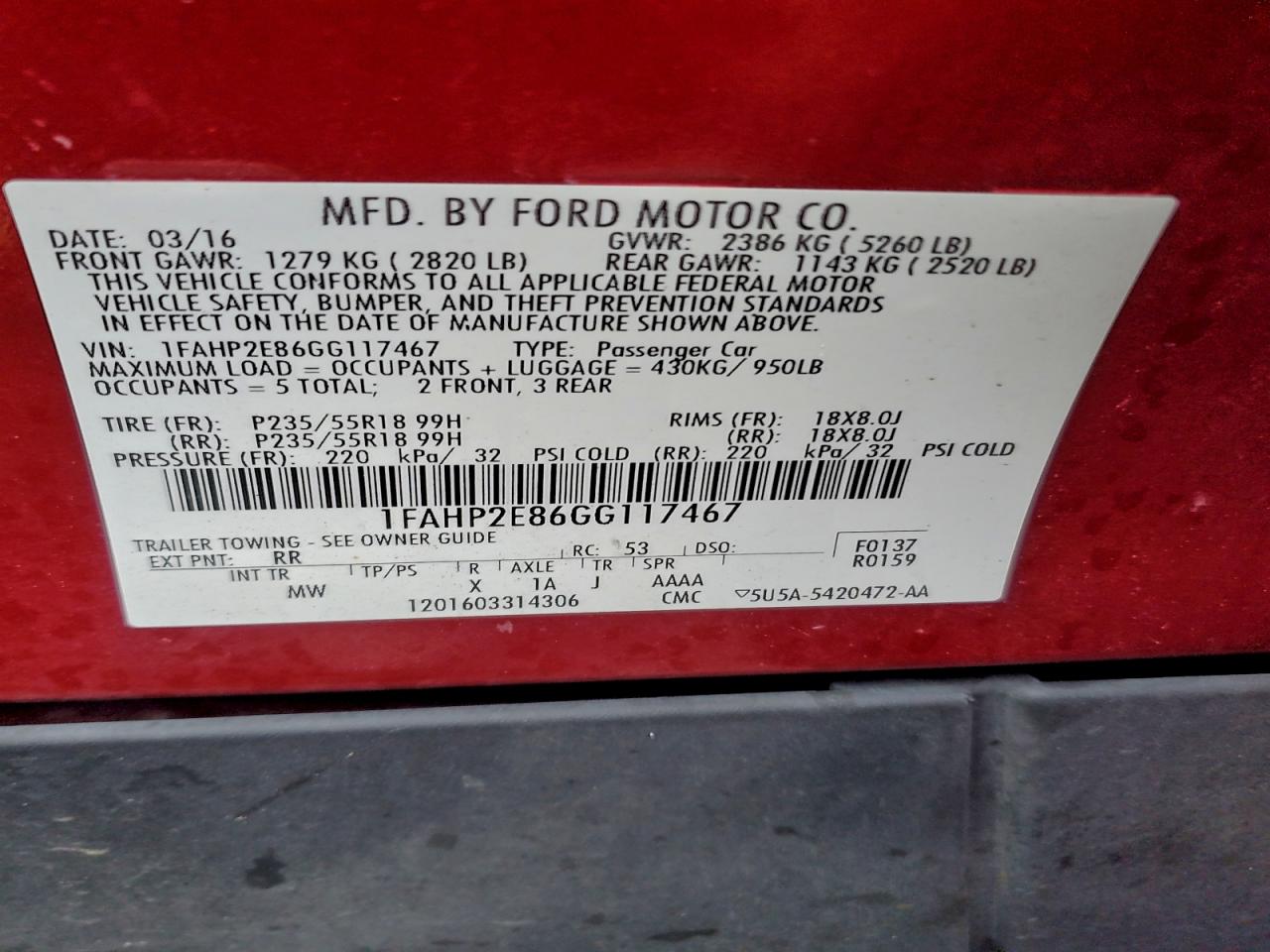 2016 Ford Taurus Sel VIN: 1FAHP2E86GG117467 Lot: 93960595