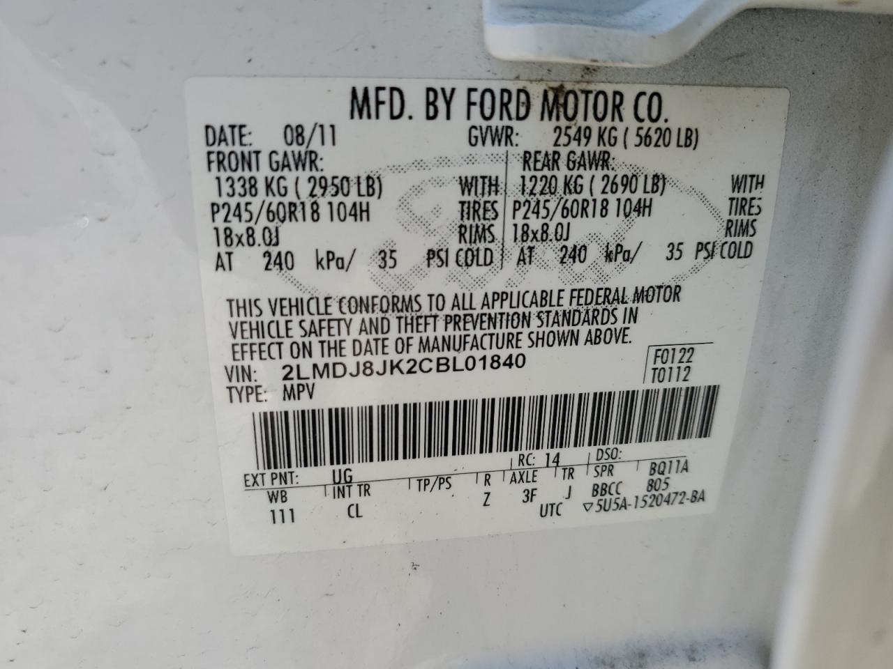 2012 Lincoln Mkx VIN: 2LMDJ8JK2CBL01840 Lot: 91482035