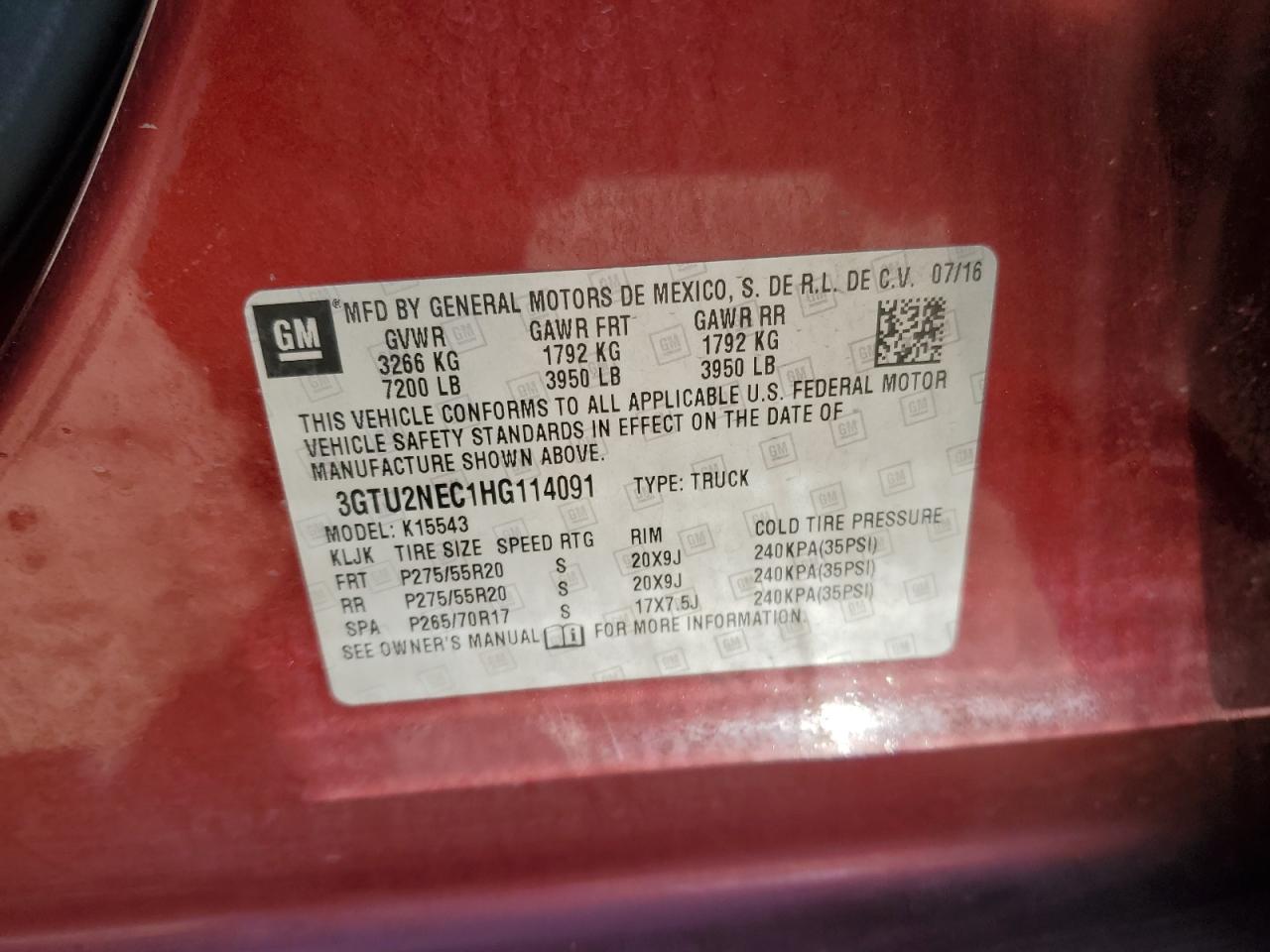 2017 GMC Sierra K1500 Slt VIN: 3GTU2NEC1HG114091 Lot: 91330635