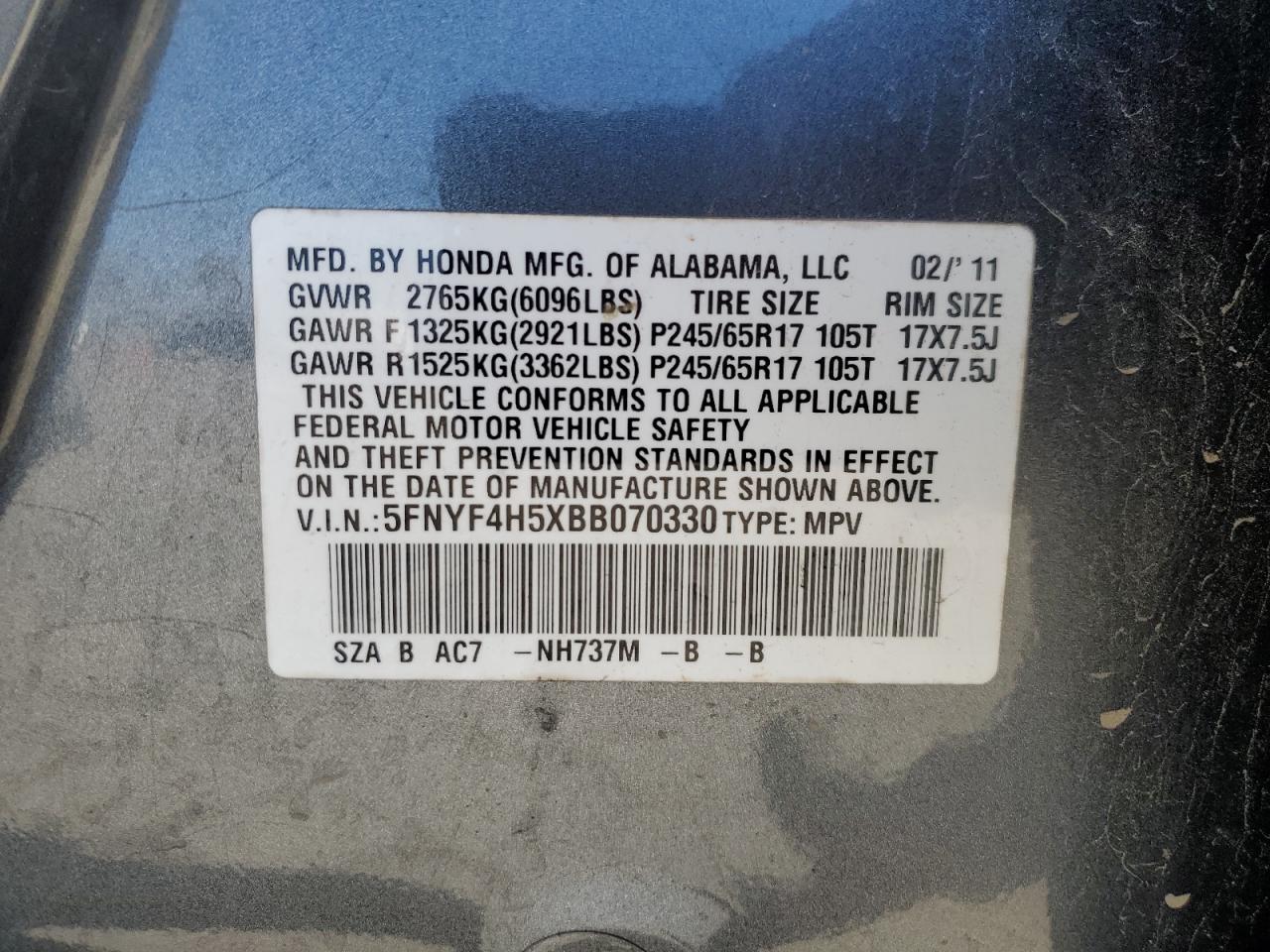 2011 Honda Pilot Exl VIN: 5FNYF4H5XBB070330 Lot: 91285795