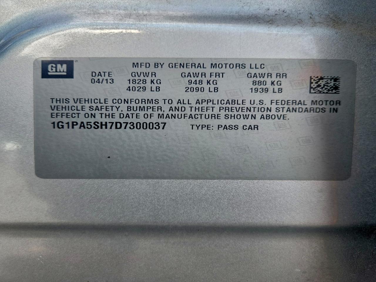 2013 Chevrolet Cruze Ls VIN: 1G1PA5SH7D7300037 Lot: 93867055