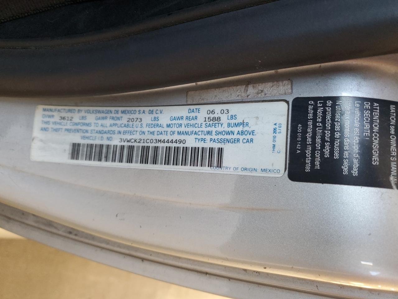 2003 Volkswagen New Beetle Gls VIN: 3VWCK21C03M444490 Lot: 91824295