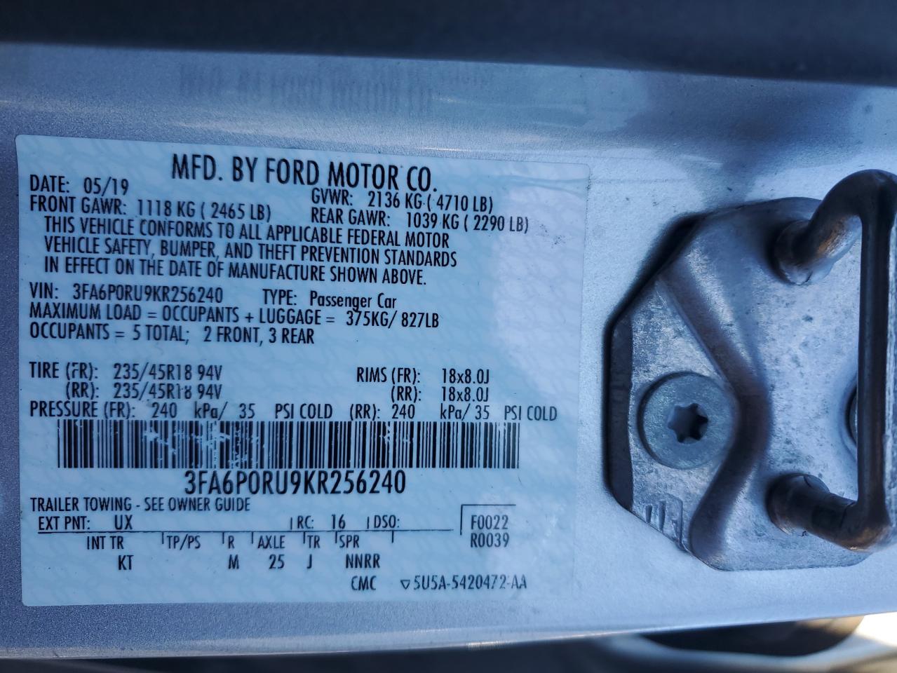 2019 Ford Fusion Titanium VIN: 3FA6P0RU9KR256240 Lot: 93019145