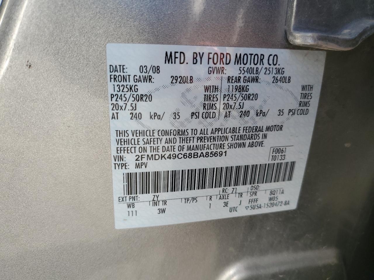 2008 Ford Edge Limited VIN: 2FMDK49C68BA85691 Lot: 92380925